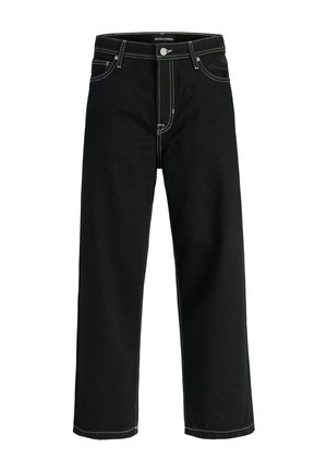 Jean noir à jambes droites, avec surpiqûres blanches contrastantes, passants de ceinture, poches avant et fermeture à bouton.