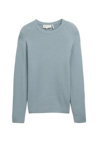 Jasnoniebieski sweter o teksturowanej powierzchni, z wzorem tkanym, okrągłym dekoltem i długimi rękawami raglanowymi. Ribbowane mankiety i dół. Materiał bawełniany z domieszką.