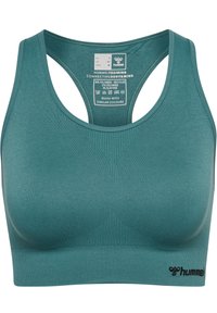 Turkusowy stanik sportowy z prążkowaną teksturą, z konstrukcją typu racerback i czarnym logo. Wykonany w 65% z recyklingowanego poliamidu, 27% poliamidu i 8% elastanu.