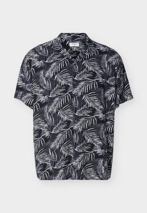 Cămașă neagră cu mânecă scurtă, nasturi, imprimeu cu frunze tropicale albe și gri, guler clasic și buzunar la piept.