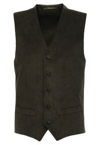Gilet in corduroy verde scuro, design senza maniche, scollatura a V, sei bottoni neri sul davanti, due tasche laterali, tessuto testurizzato.
