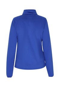 Maglia blu a maniche lunghe con colletto alto, texture liscia e design semplice. Finitura senza cuciture con un'etichetta sul retro per le indicazioni relative alla taglia.
