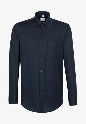 Mørkeblå langærmet skjorte lavet af glat stof, med knaplukning foran, en enkelt brystlomme og et klassisk kravedesign.