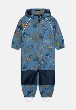 Børns blå hættetrøje med dinosaur- og løvtryk, frontlynlås, elastiske manchetter, mørke knælapper og fodstropper.