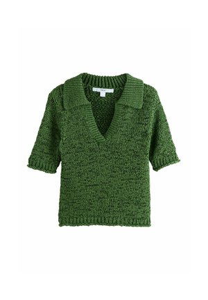 Rohelise lühikeste varrukatega kootud pluus krae ja sügava V-kaelusega, millel on tekstuuriga muster ja soonikkangast ääred.