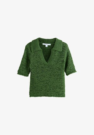 Zelený krátký pletený top s límečkem a hlubokým výstřihem do V, se strukturovaným vzorem a žebrovanými lemy.