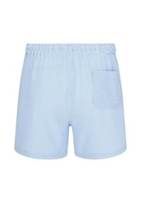 Męskie szorty w niebiesko-białe paski, z elastycznym paskiem w talii, pojedynczą kieszonką z tyłu i lekkim materiałem.