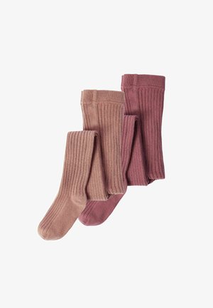 Tři páry žebrovaných punčoch v jemných růžových a mauve tónech. Každé má široký pletený pas a hladkou texturu.