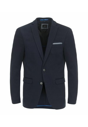 Marineblazer mit zwei vorderen Taschen, Revers und zwei Knöpfen sowie einem dekorativen Taschentuch. Innenfutter aus blauer Stoff.