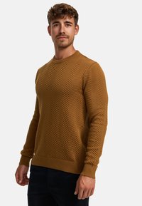 Brown, textured knit sweater with a herringbone pattern, round neckline, and ribbed cuffs and hem. Worn with dark pants.