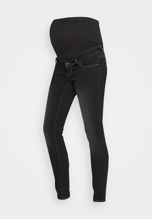 Jeans premaman neri con un pannello elastico sopra il pancione, vestibilità slim, cuciture a contrasto e classico design a cinque tasche.