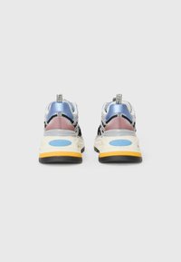 Sport shoes with a multicolored design; features mesh and synthetic materials, a white sole, blue and pink accents, and prominent branding.
