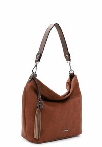 Sac à main en tissu marron avec un design décontracté. Comprend une bandoulière texturée et des accents métalliques, y compris un pompon décoratif.