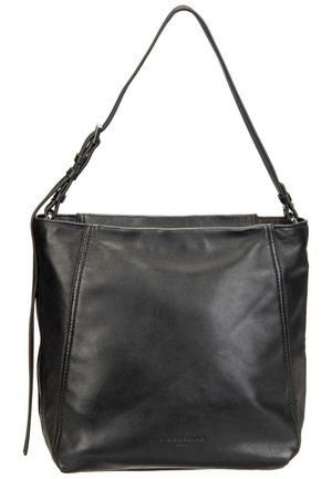 Schwarze Leder-Umhängetasche mit verstellbarem Riemen und dezenter Naht, Markenname nahe der unteren Mitte vorne eingeprägt.