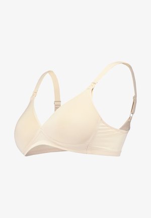 Beige látková podprsenka s hladkým povrchem a trojúhelníkovými košíčky. Nastavitelné ramínka a zapínání na háček. Jednoduchý design, bez vzorů nebo akcentů.