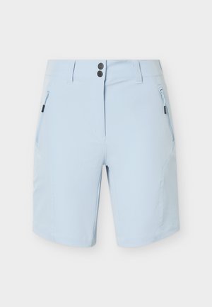 Jasnoniebieskie szorty o długości do kolan z podwójnym zapięciem na guziki, szlufkami na pasek oraz kieszeniami na obu stronach zapinanymi na suwak.