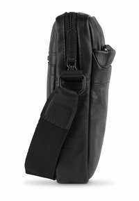 Schwarze Leder-Umhängetasche mit Reißverschluss, verstellbarem Stoffgurt und glatter Oberfläche. Verfügt über eine Seitentasche für zusätzlichen Stauraum.