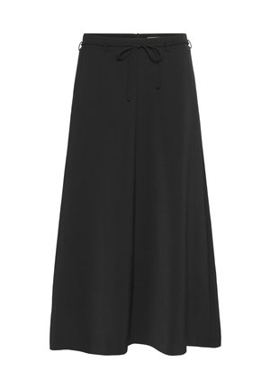 Černá midi sukně z hladké tkaniny, se staženým pasem, plisovaným designem a splývavým střihem. Zapínání na zip vzadu.
