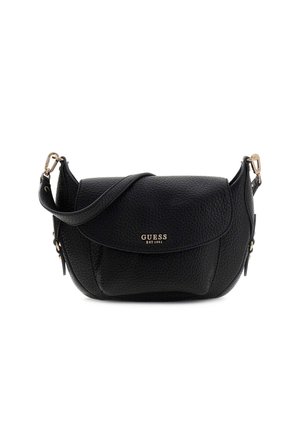 Sort tekstureret læder crossbody taske med klaplukning, guldfarvede detaljer og "Guess EST 1981" logo på den forreste lomme.
