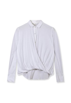 Blusa bianca a maniche lunghe con davanti incrociato, colletto con bottoni e dettaglio arricciato in vita.