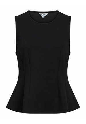 Top noir sans manches à basque, col rond, taille cintrée et ourlet évasé, taille moyenne.