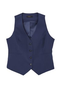 Marineblaues Weste mit V-Ausschnitt, sechs Vorderknöpfen und zwei Seitentaschen. Hergestellt aus einem glatten Stoff mit strukturierter Passform.