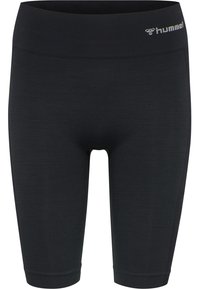 Shorts de sport noirs sans coutures avec une taille haute et un petit logo blanc "hummel" sur le côté supérieur droit.