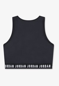 Marineblå sports-bh med tætsiddende design, der har en bred elastisk bånd med ordet "JORDAN" i hvid. Glat tekstur med ærmeløs udskæring.