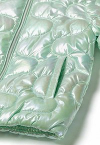 Veste matelassée vert clair brillant avec couture en forme de cœur, fermeture éclair à l'avant, poche latérale et poignet élastique sur fond blanc.