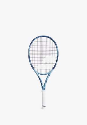 Tennisketcher med en blå og lyseblå ramme, et hvidt greb og et mønstret design på rammen med et gitter-strenge mønster.