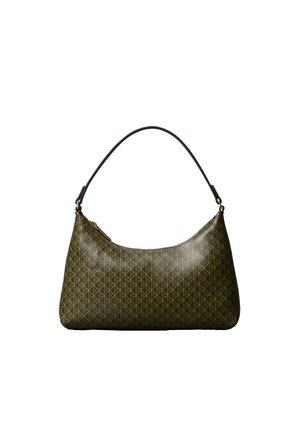 Sac à main en cuir vert olive avec un motif géométrique répétitif et une seule bandoulière noire, présenté sur fond blanc.