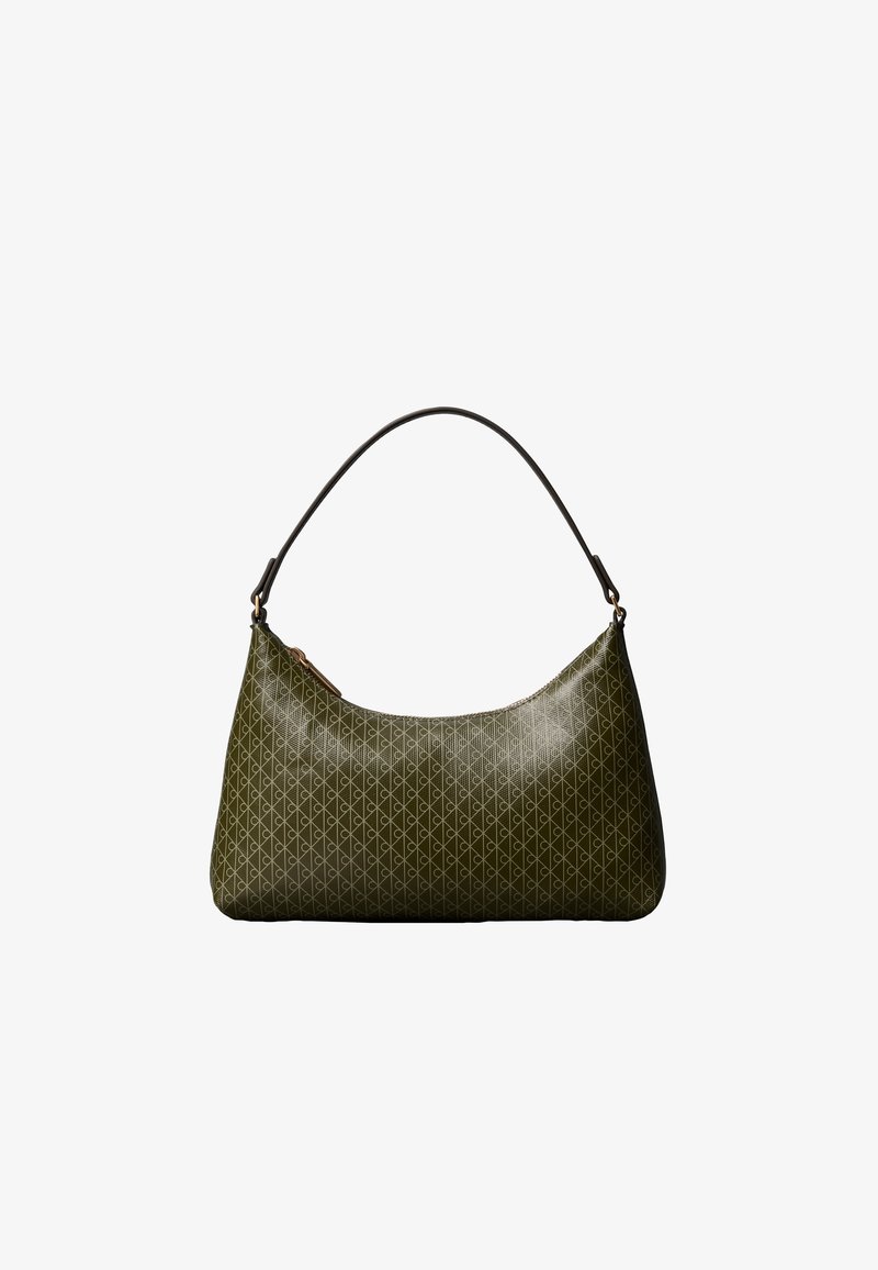 Sac à main en cuir vert olive avec un motif géométrique répétitif et une seule bandoulière noire, présenté sur fond blanc.
