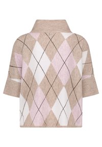 Maglione a maniche corte in materiale morbido con motivo a rombi beige, rosa e bianco contornati da linee nere e collo alto.
