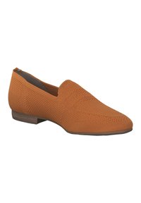 Orangene gestrickte Slippers mit einem niedrigen Absatz, die über ein strukturiertes Muster und eine glatte Innenauskleidung verfügen. Minimalistisches Design ohne sichtbare Beschläge.