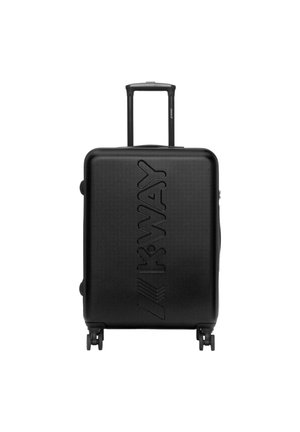 Valise rigide noire avec finition texturée, logo "K-WAY" en relief, poignée télescopique et quatre roues pour une mobilité aisée.