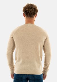 Maglione lavorato a maglia beige con scollatura rotonda, maniche lunghe e polsini a coste. La texture appare morbida, con una silhouette aderente e una finitura liscia.