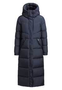 Mörkblå puffjacka med blixtlås fram, stor huva och sidofickor. Har en quiltad design och elastiska muddar för värme.