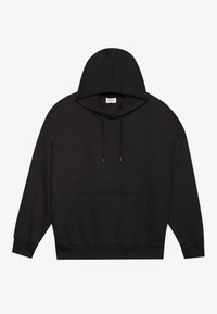 Hanorac negru dintr-un amestec de bumbac. Are un buzunar frontal, glugă spațioasă, șnururi și manșete ribbate. Design curat, fără modele.