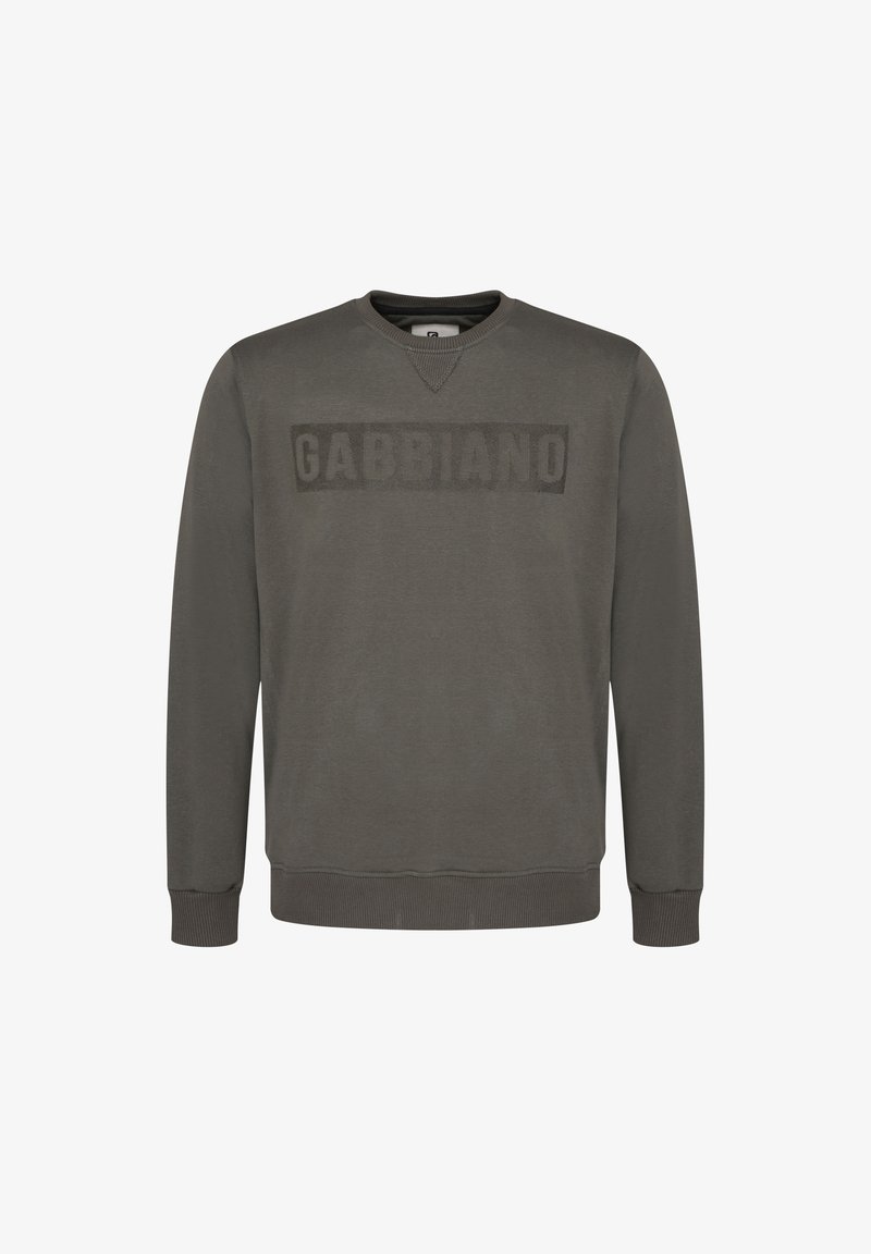 Sweatshirt vert olive foncé à col rond avec poignets et ourlet côtelés, arborant le texte "GABBIANO" sur la poitrine dans une nuance plus foncée assortie.