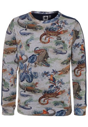 Sudadera gris claro con un vibrante estampado de animales y plantas en múltiples colores, con puños y cuello acanalados para mayor textura.