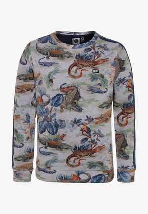 Jasnoszara bluza z nadrukiem kolorowych zwierząt i roślin, z prążkowanymi mankietami i dekoltem dla dodatkowej tekstury.