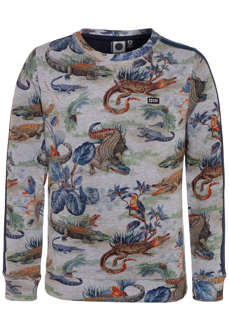 Sudadera gris claro con un vibrante estampado de animales y plantas en múltiples colores, con puños y cuello acanalados para mayor textura.