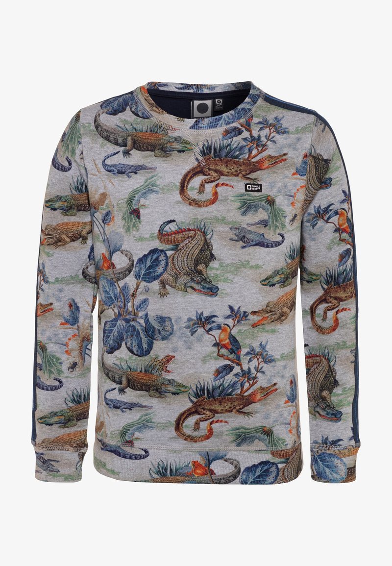 Sudadera gris claro con un vibrante estampado de animales y plantas en múltiples colores, con puños y cuello acanalados para mayor textura.
