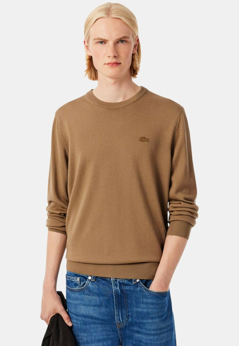 Maglione a maniche lunghe con scollo a girocollo in tessuto di maglia marrone chiaro, caratterizzato da polsini e orlo a costine, con un piccolo logo ricamato sul petto.