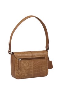 Braune Kunstleder-Crossbody-Tasche mit strukturiertem Krokodilmuster, Klappenverschluss, Reißverschlussfach und abnehmbarem Schulterriemen.