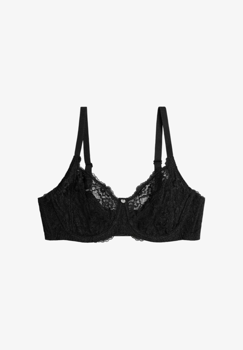 Sujetador negro de encaje con tirantes ajustables, soporte con aros, bordes ondulados y cierre frontal con botones. Textura suave con detalles intrincados.