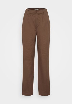Brown trousers with a straight leg design, made of cotton. Features a button closure and two front pleats for added detail. Minimalist style.