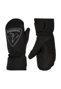Schwarze Handschuhe aus wasserdichtem Stoff, mit einem weichen Futter, elastischen Bündchen und einem weißen gestickten Logo auf der Vorderseite. Mit Klettverschluss.