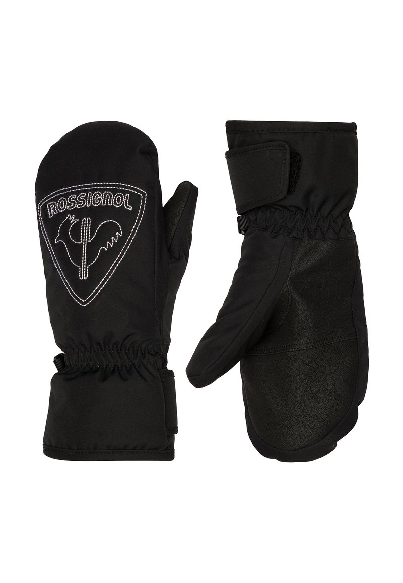 Schwarze Handschuhe aus wasserdichtem Stoff, mit einem weichen Futter, elastischen Bündchen und einem weißen gestickten Logo auf der Vorderseite. Mit Klettverschluss.