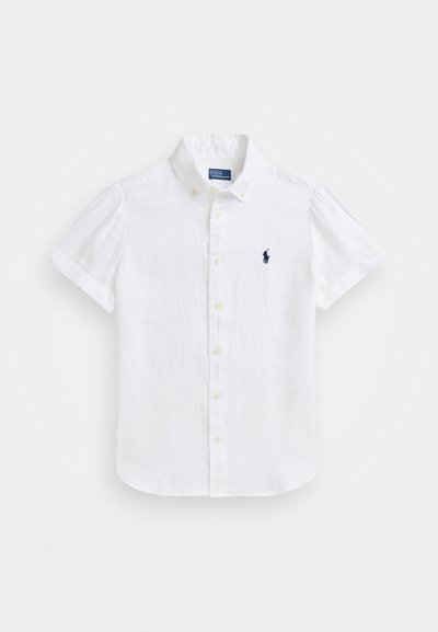 White short-sleeve button-up shirt made of linen, featuring a collared neck and a small embroidered logo on the left chest.